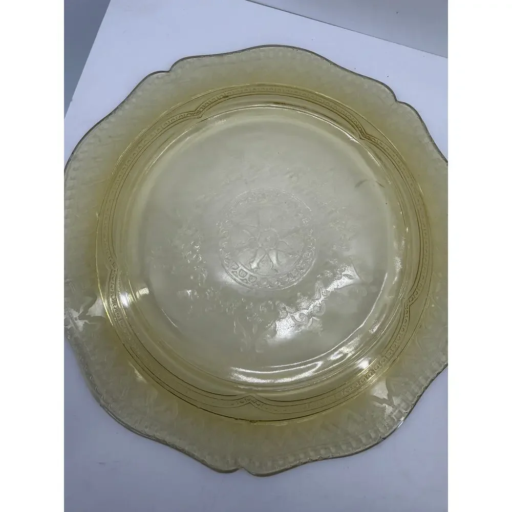 Vintage Depression Style Yellow Glass Plates Set 3 Embossed Scroll Scalloped